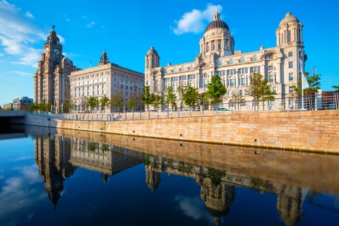Liverpool Pier Head with the Royal Liver Building Cunard Building and Port of Liverpool Building