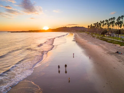 aerial of East Beach at sunset Santa Barbara California